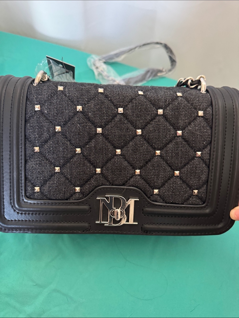Badgley Mischka Black Quilted Chain-Handle Shoulder Bag with Pearl Accent - Picture 3 of 9